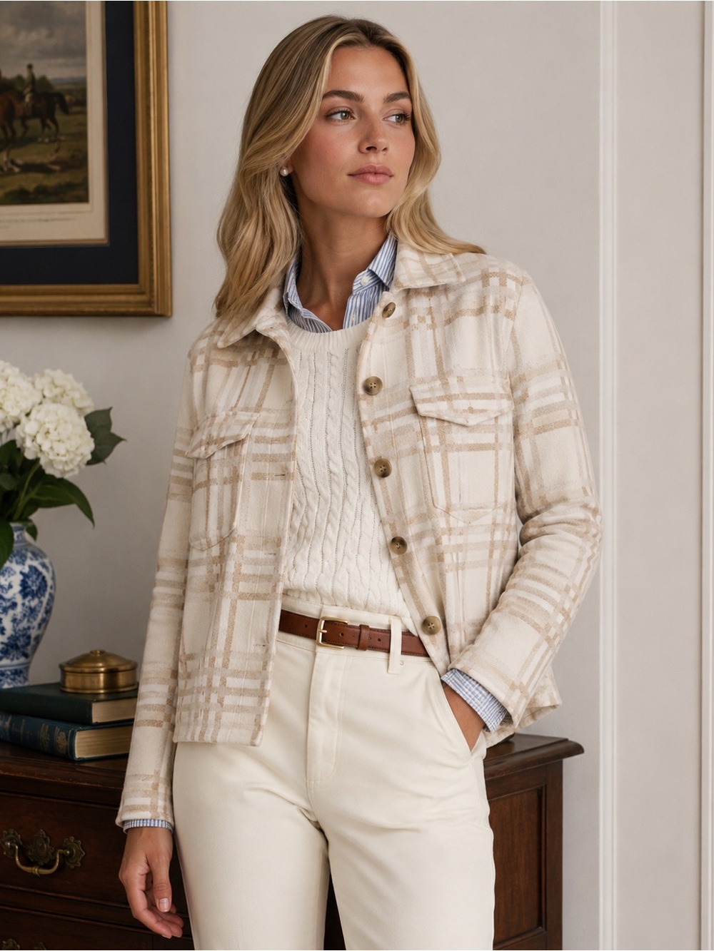 Mystree Plaid Knit Shacket Size S Neutral Cream Beige Cozy Chic
